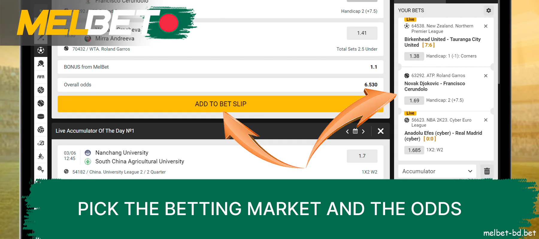 Select the betting markets and odds you are interested in and add them to your betting pass on the Melbet website