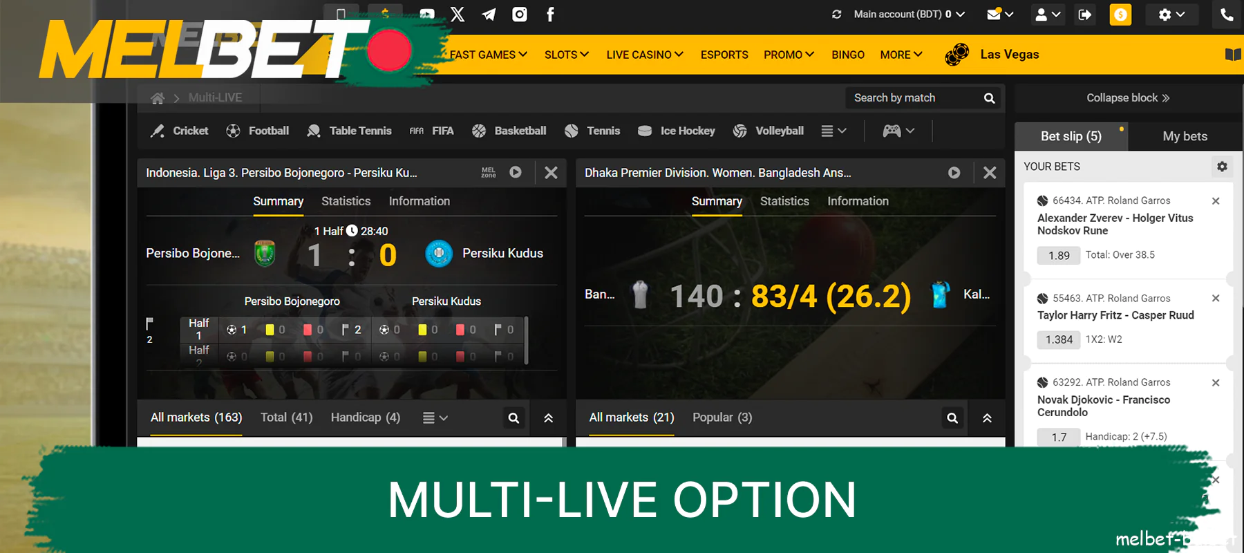 Players can add multiple matches in the Multi-Live tab on the Melbet website