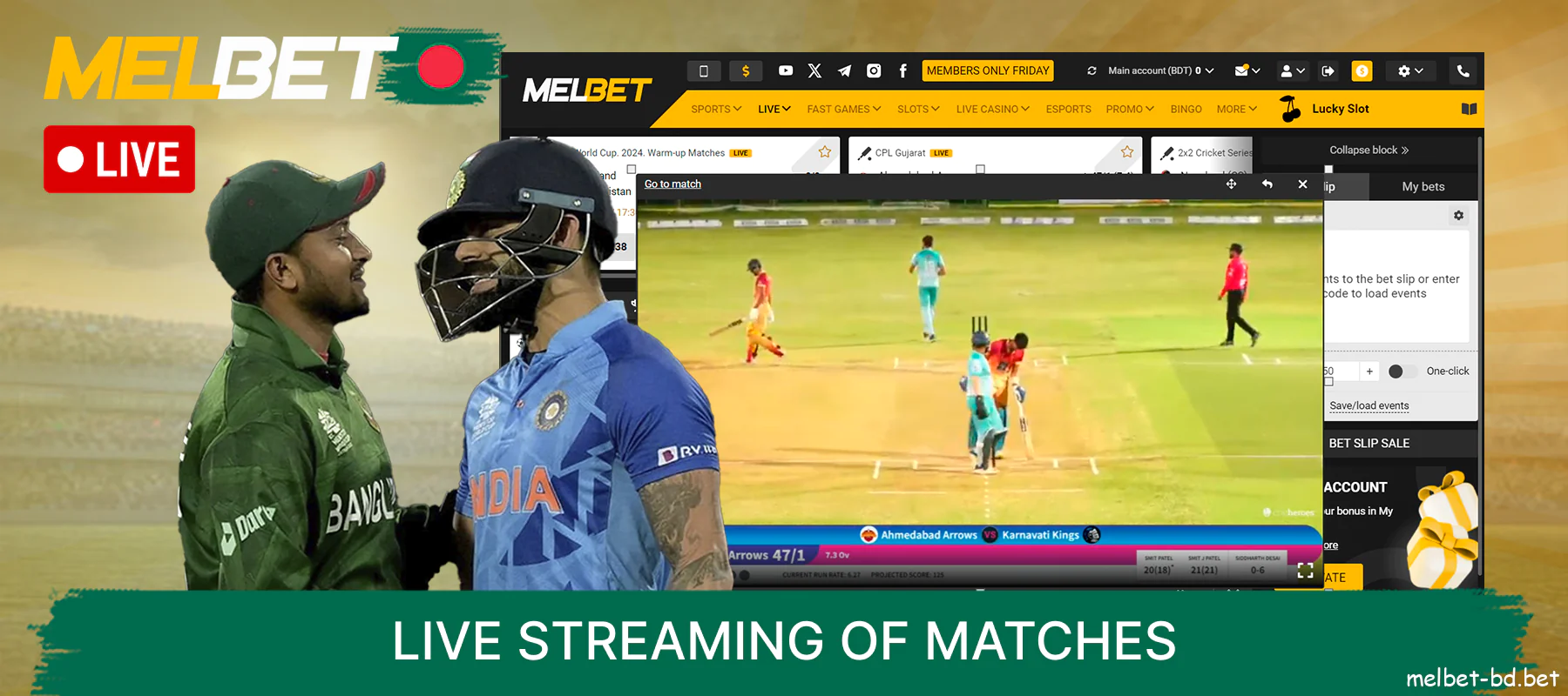 Live streaming of matches on Melbet website for Bangladeshi