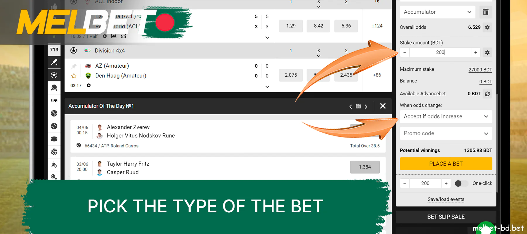 Accept or reject changes to bet amount, type and odds on the Melbet website