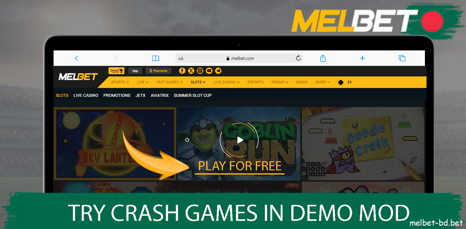 You can play demo crash games on Melbet